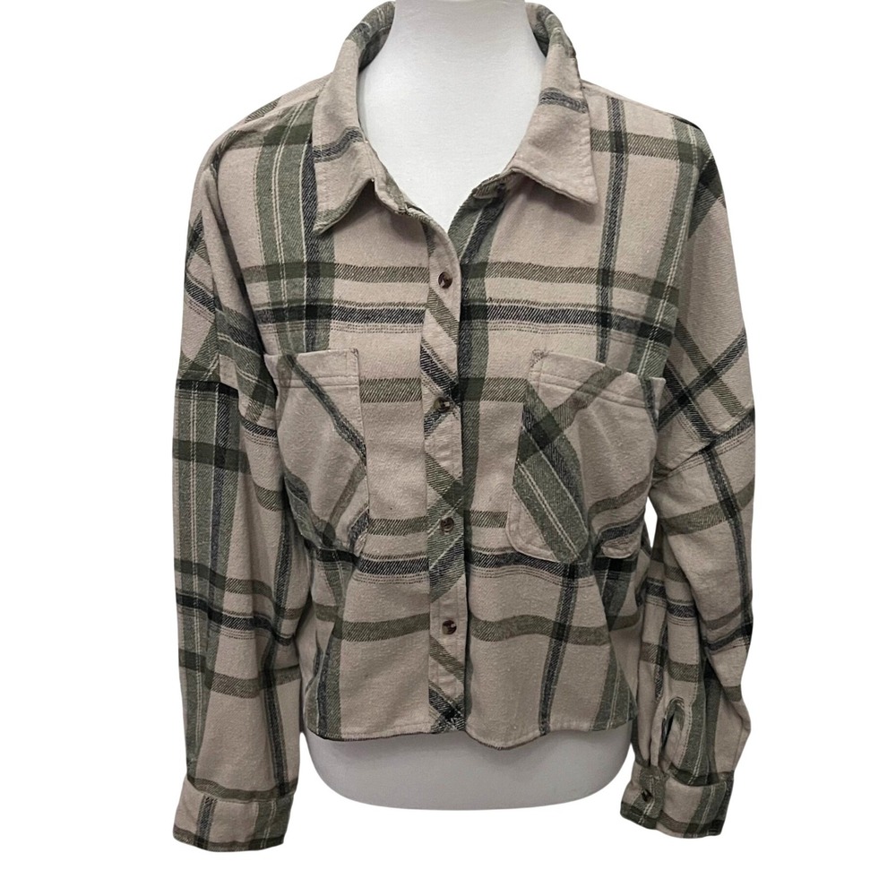 Ci Sono Womens L Plaid Cropped Flannel Shacket Shirt Jacket Oat & Olive Green - Picture 2 of 8